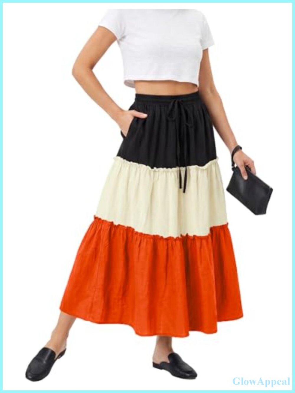 Boho Maxi Skirt Ruffle Tiered Elastic High Waist A Line Long Flowy with Pockets